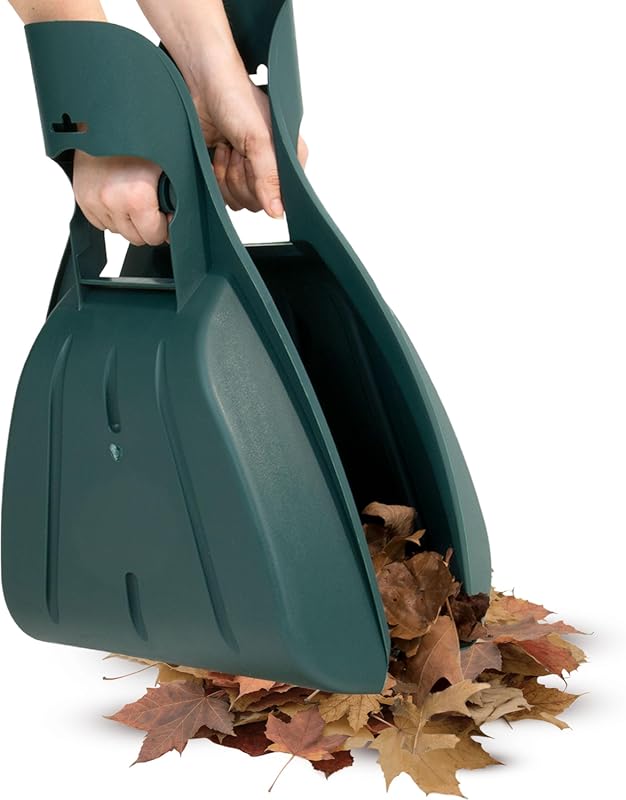 6 Expert-Picked Best Shovels for Leaf Piles hands holding a green leaf scoop full of fallen leaves