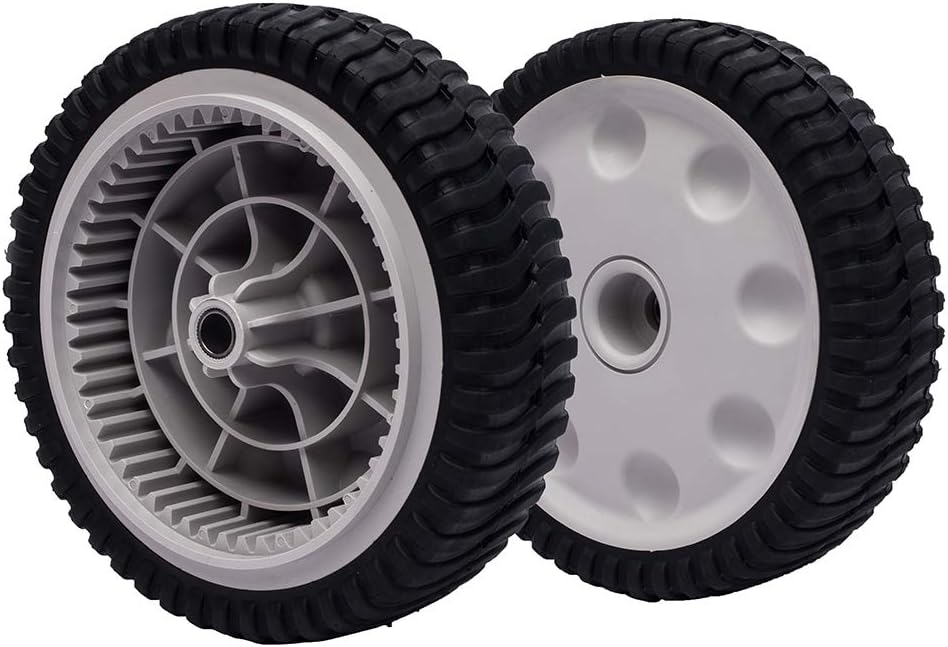 6 Expert Picks: Best All-Wheel Drive Lawn Mowers two black rubber wheels with grey plastic rims