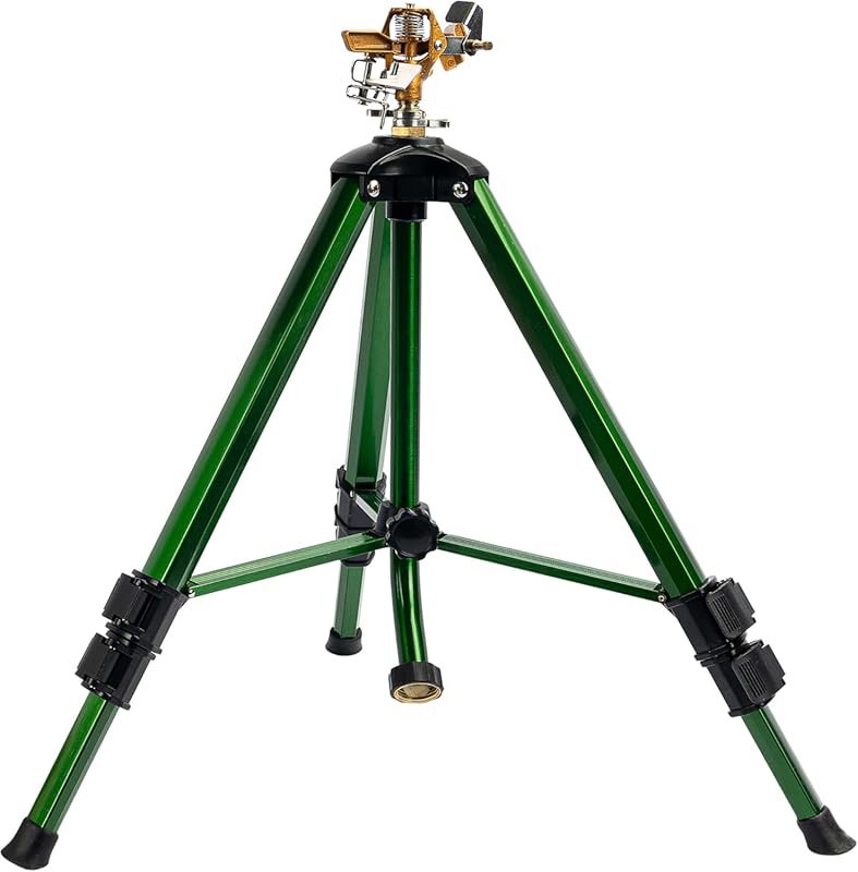 Heavy-duty impact sprinkler with tripod base, 360-degree coverage, bra