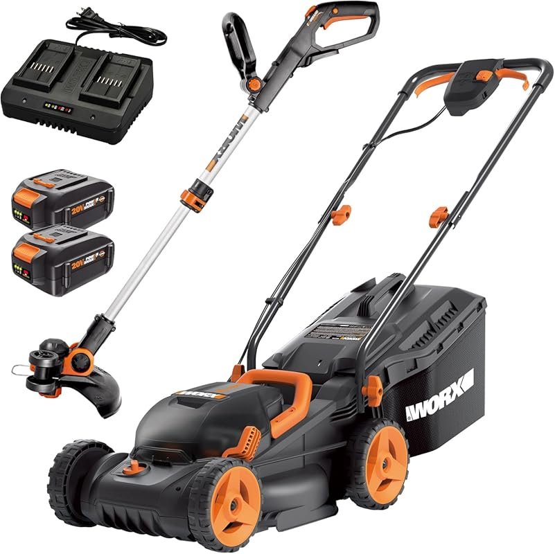 WORX 14-Inch Lawn Mower and 12-Inch Grass Trimmer Combo with Batteries