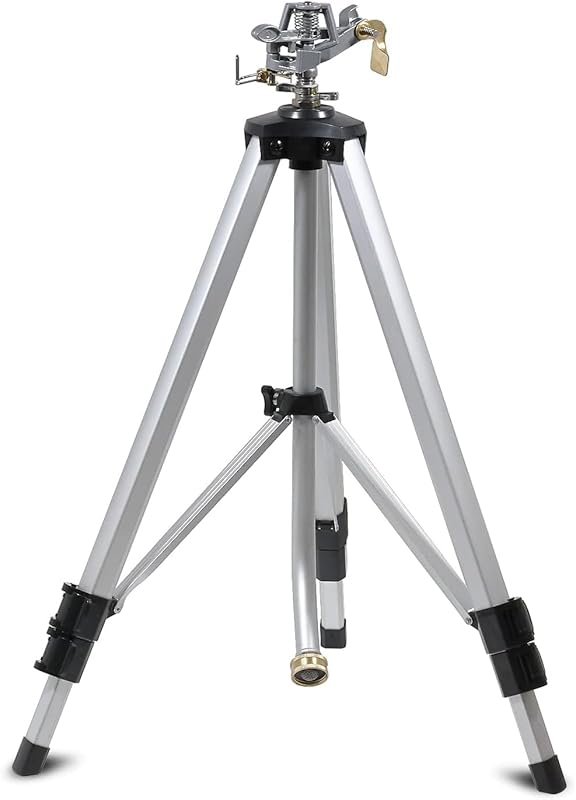 Adjustable tripod impact sprinkler for large lawns, 360-degree coverag