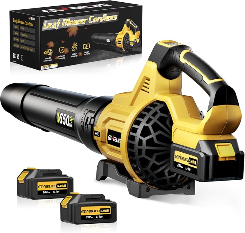 GEVEELIFE Cordless Electric Leaf Blower: 650 CFM with 3 speed levels f