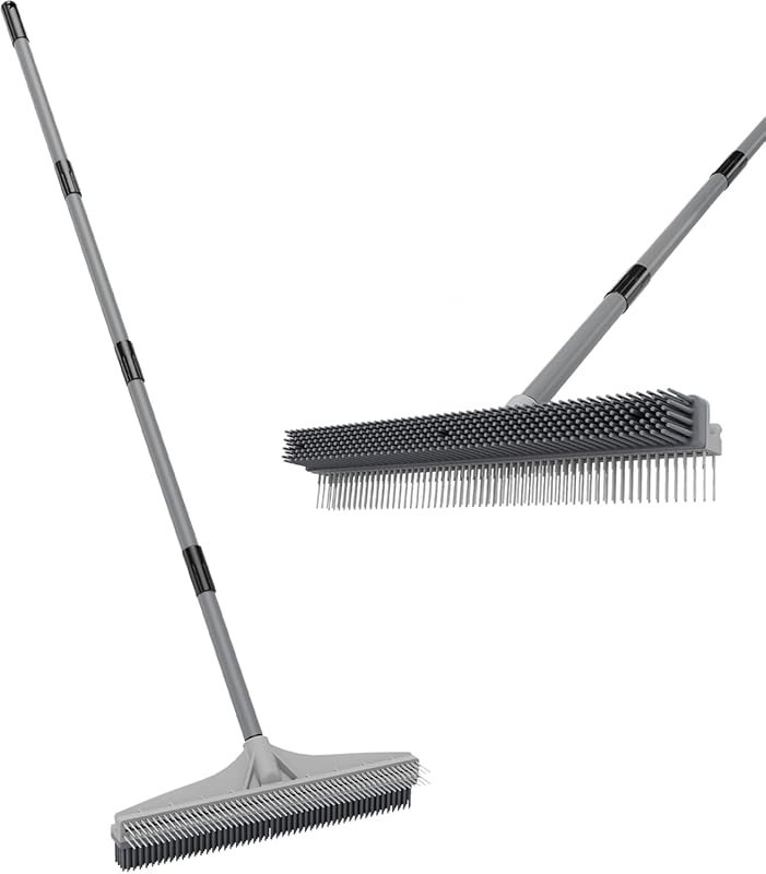 Rubber broom and carpet rake with adjustable handle for pet hair remov