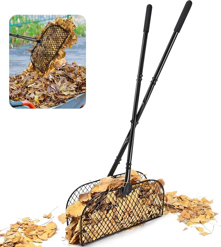 Lightweight Metal Leaf Grabber Rake with Long Handle for Easy Yard Cle