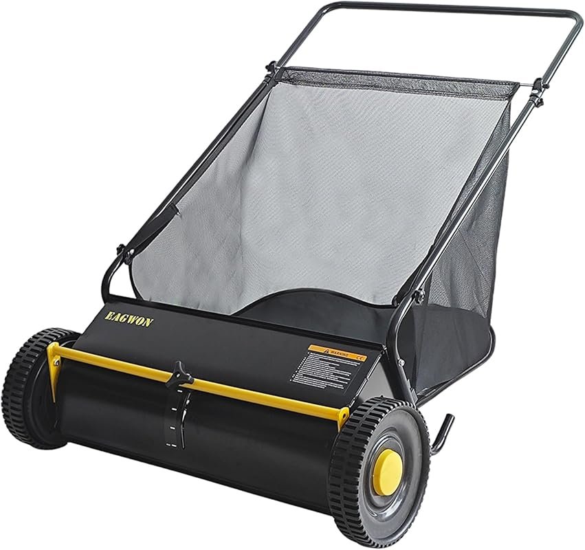 A Durable 26-inch Push Lawn Sweeper with 4 Spinning Brushes and a Larg