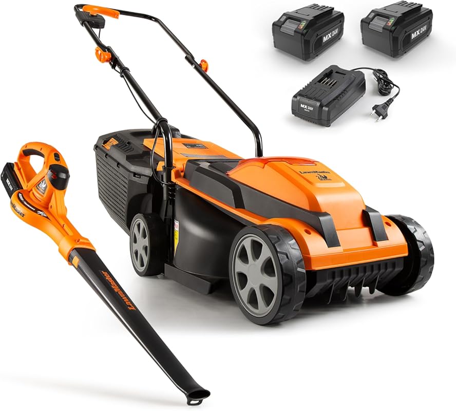 LawnMaster Cordless Lawn Mower and Leaf Blower Combo with 2 Batteries