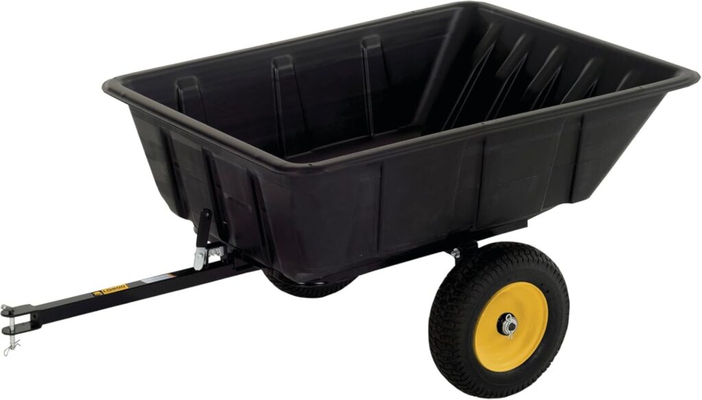 4 Best Lawn Mower Dump Carts: Expert Picks black plastic garden trailer with yellow wheel