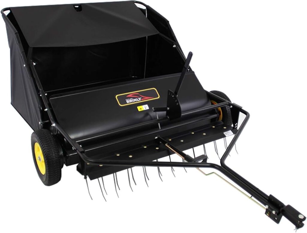 black tow behind lawn sweeper with collection bag
