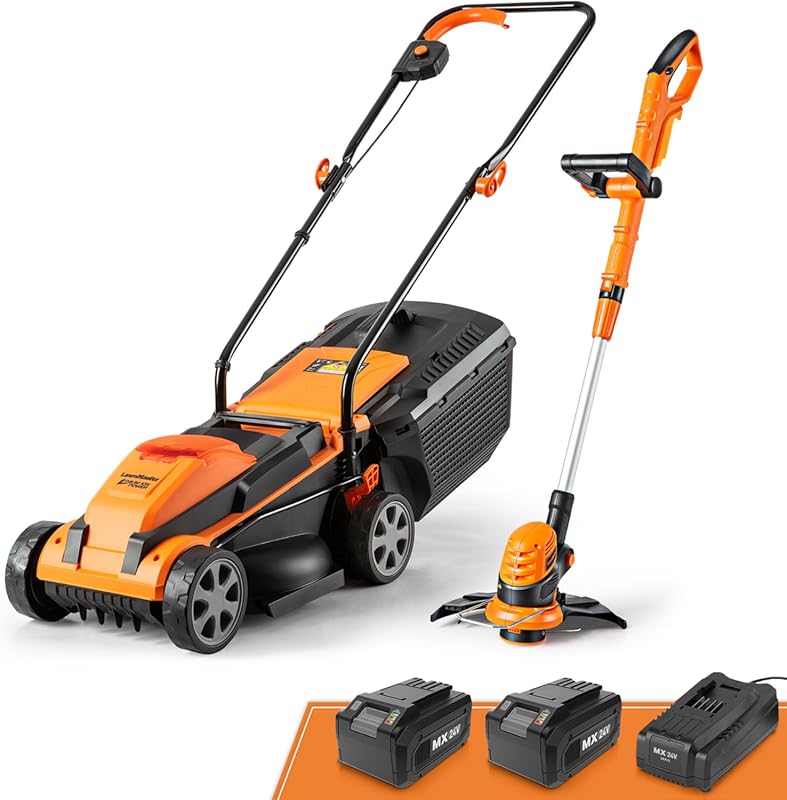 LawnMaster 24V Max 13-inch Lawn Mower and 10-inch Trimmer Combo with B