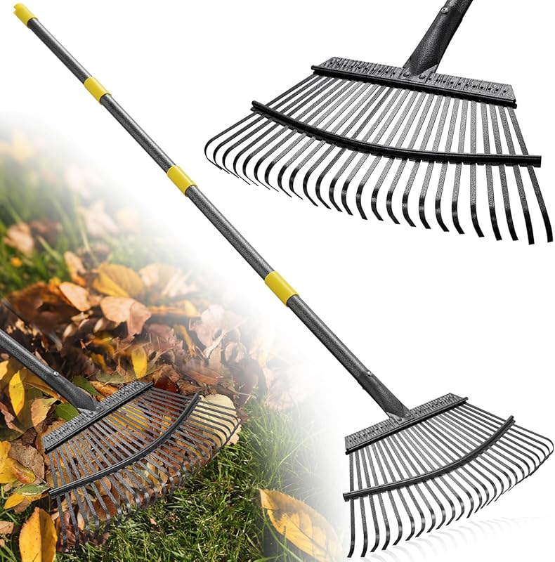 Wide Metal Leaf Rake with Long Adjustable Handle for Lawn and Yard Deb