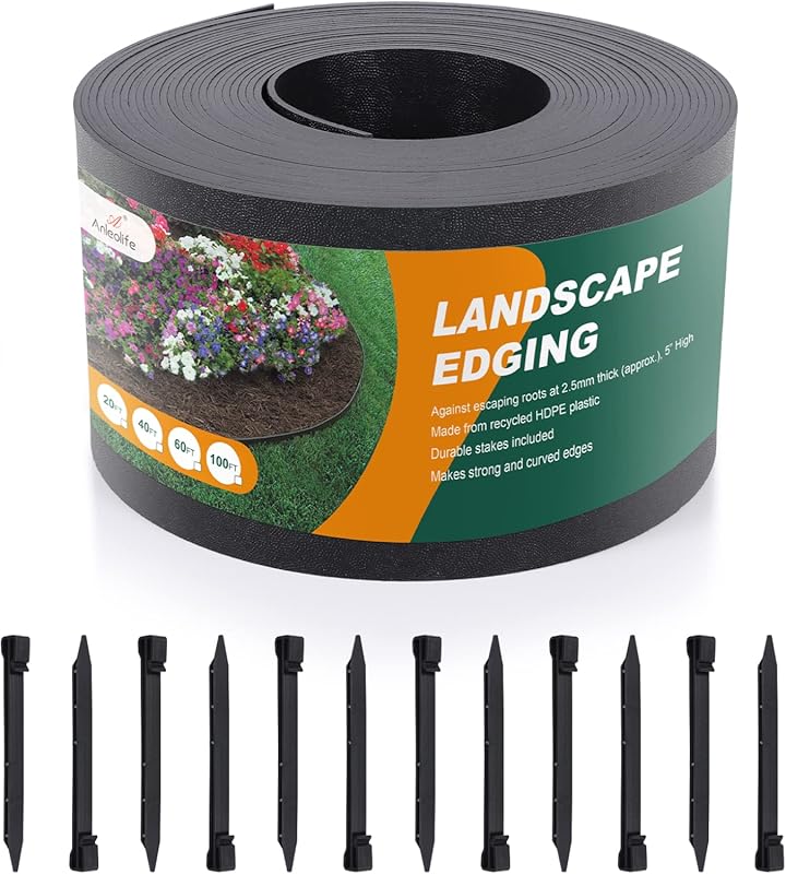 ANLEOLIFE Black Plastic Garden Edging: 5-Inch Tall, 40-Foot Flexible C