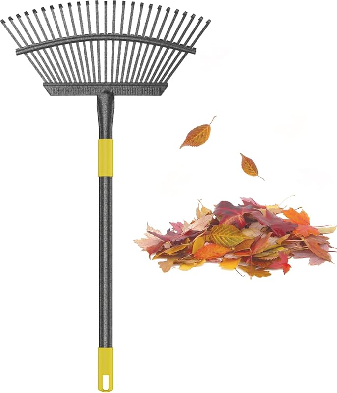 Heavy Duty Metal Lawn and Leaf Rake with Long Handle and Wide Head for