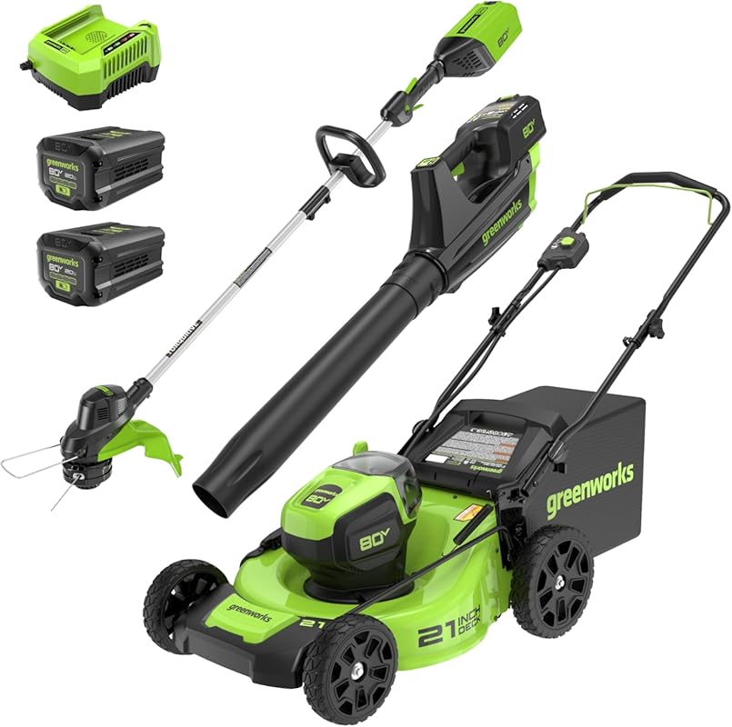 Greenworks 80V Cordless Electric Lawn Mower Kit with Leaf Blower and T