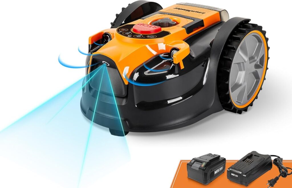 robotic lawn mower with blue sensor beams and batteries