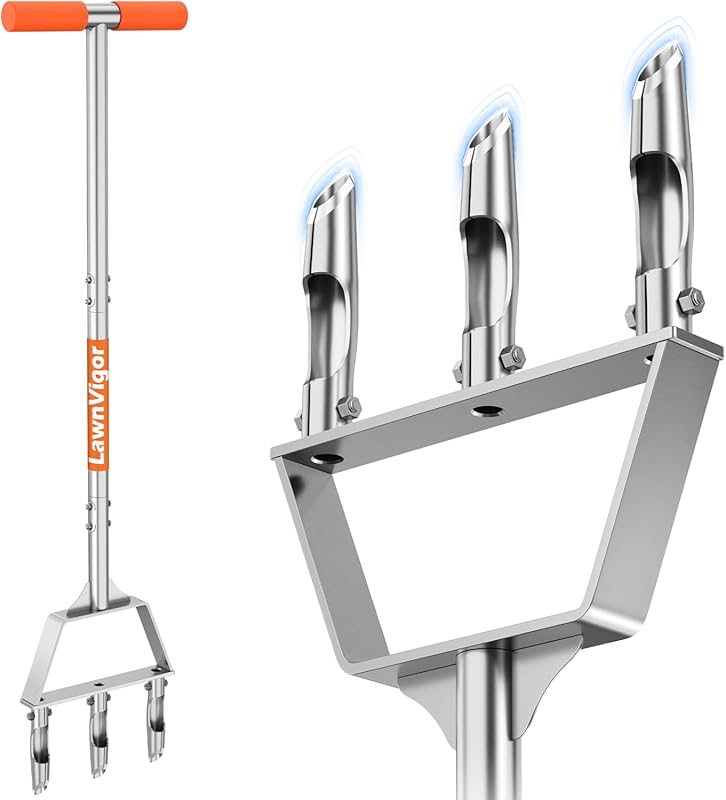Manual Lawn Aerator Tool with 3 Hollow Tines for Compacted Soil Aerati