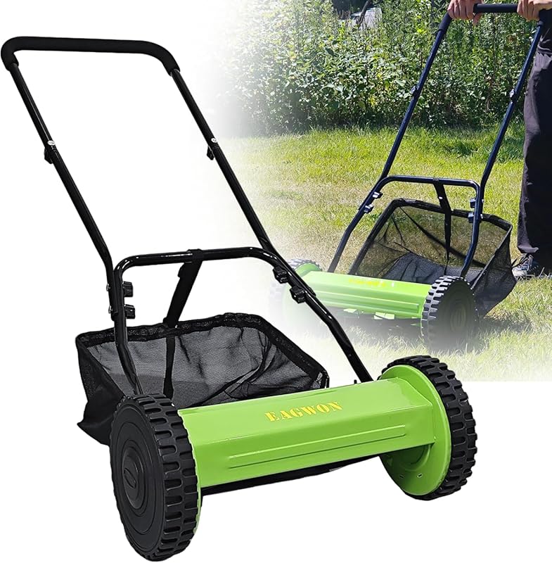 Manual Push Reel Lawn Mower with Grass Catcher for Yard and Garden Gra