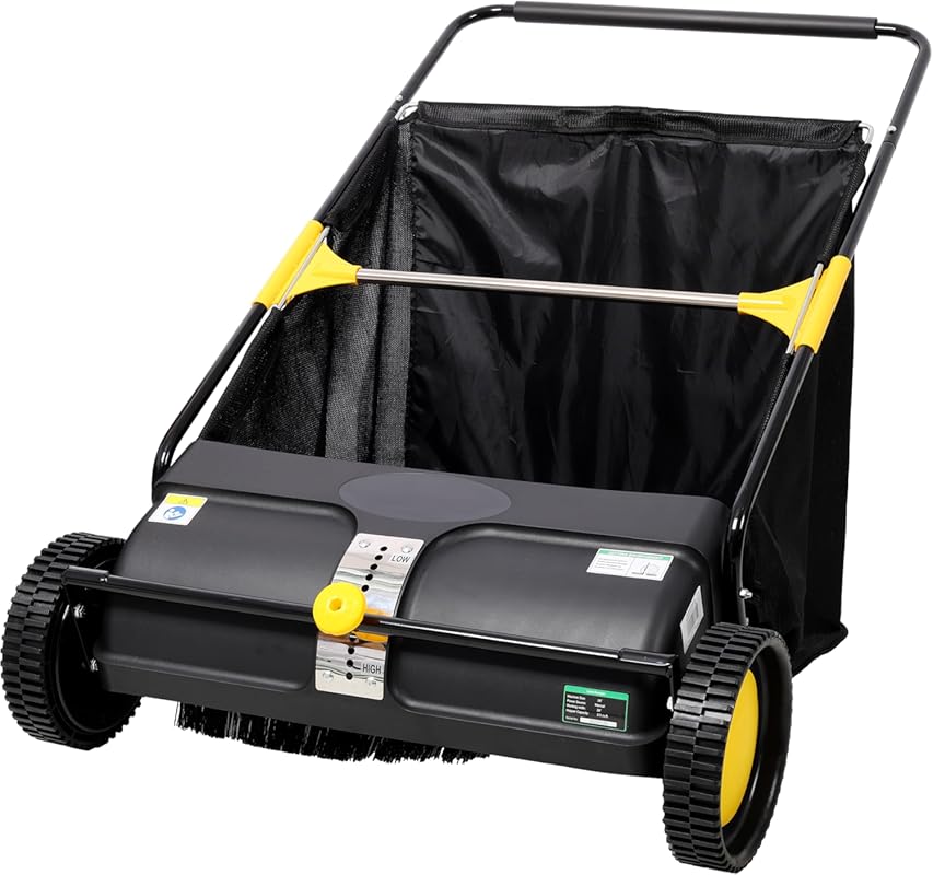 3 Expert Picks: Best Lawn Sweepers for Pine Cones black push sweeper with yellow accents and collection bag