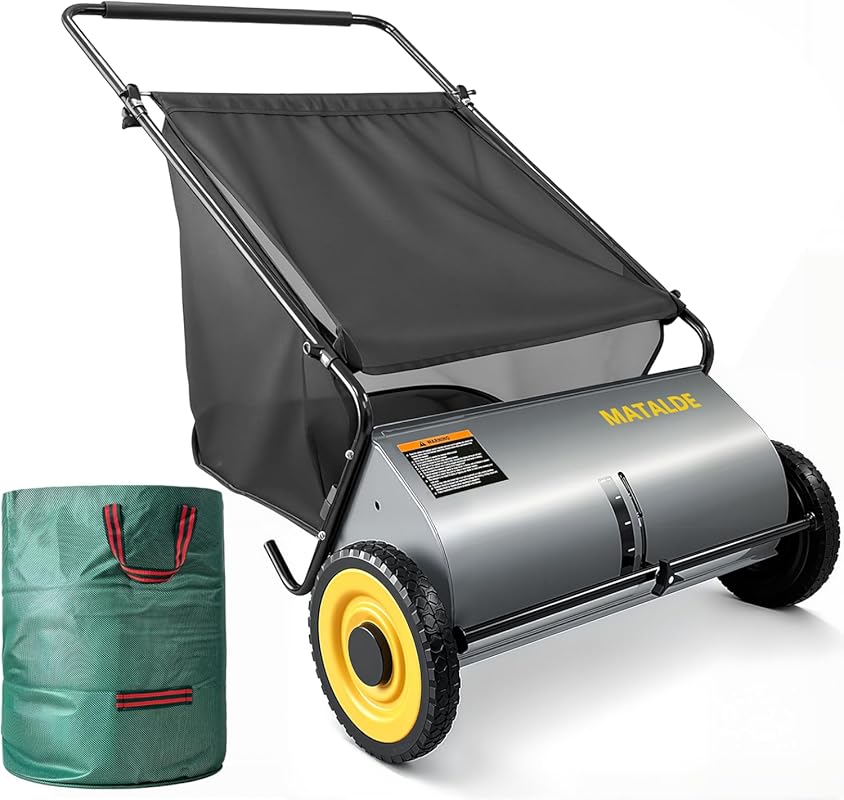 Top 3 Lawn Sweepers: Best for Leaves & Acorns push lawn sweeper with collection bag and green yard waste bin
