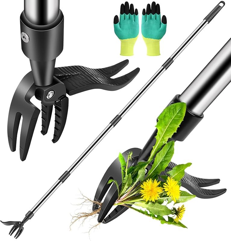 Stand Up Weed Puller with Long Handle and 4 Claw Steel Head for Effort