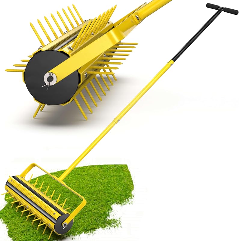 20 Inch Manual Rolling Lawn Aerator Tool with Steel Spikes and T-Handl