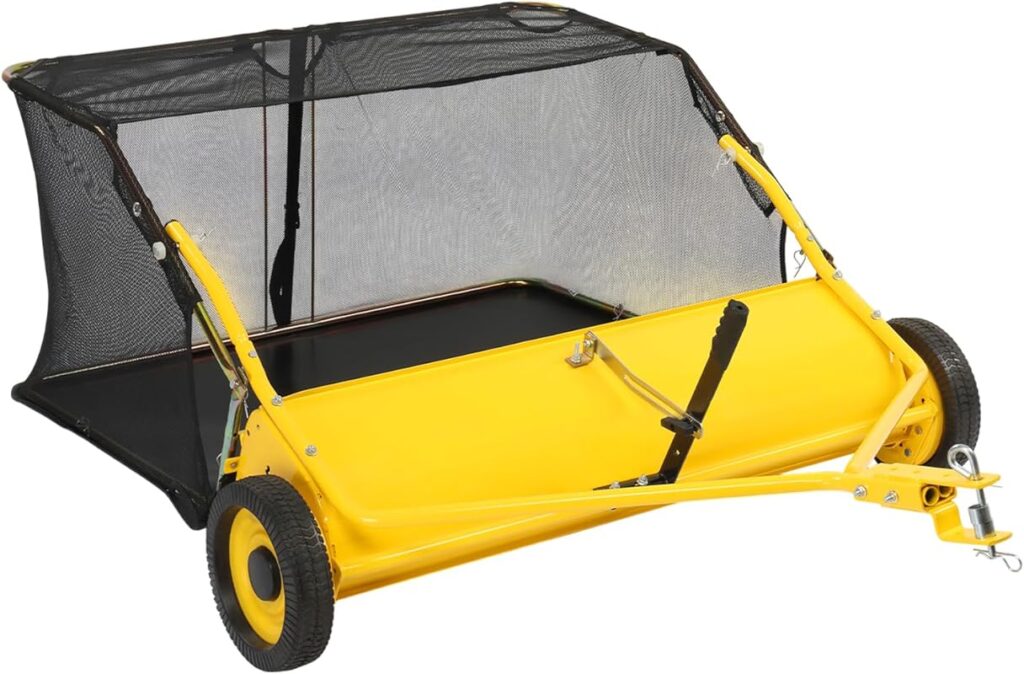 How to Use a Lawn Sweeper: A Complete Step-by-Step Guide yellow lawn sweeper with black mesh bag