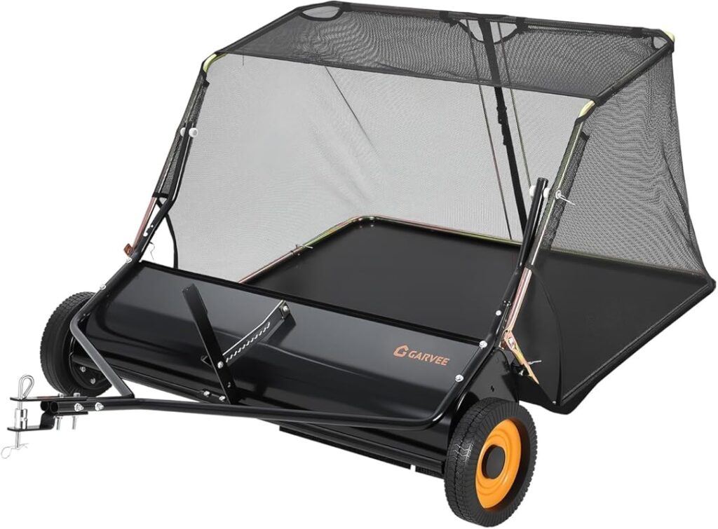 black lawn sweeper with mesh collection bag