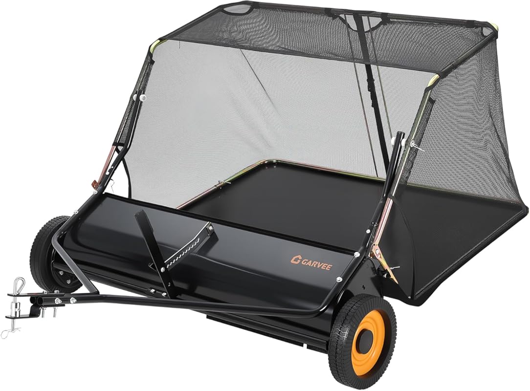 GarveeHome 44-inch large pull-behind lawn sweeper with 26 cu. ft capac